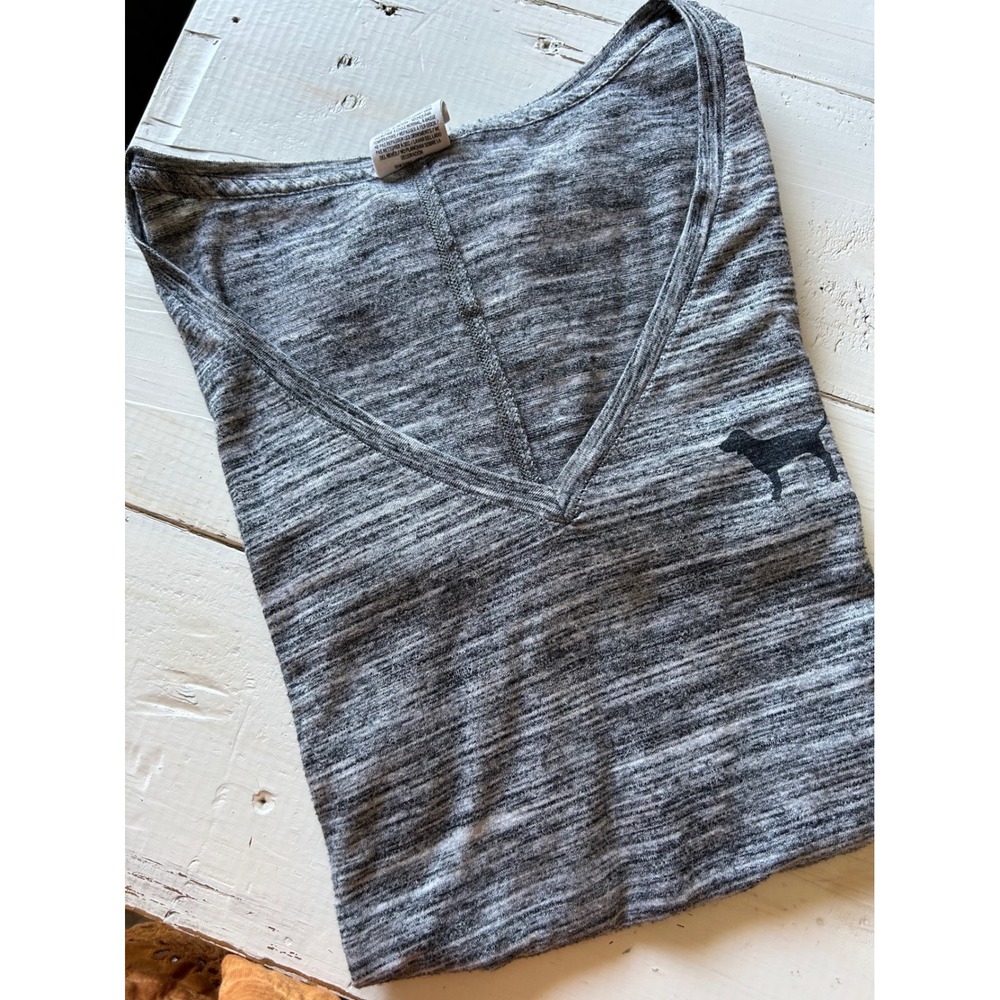 Victoria's Secret PINK Grey Space Dye V-Neck T-Shirt Logo Sleeve Women's Small